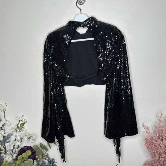 ASOS LUXE Sequin Fringe Bell Sleeve Top Open Back Black {LL1} - Picture 6 of 8